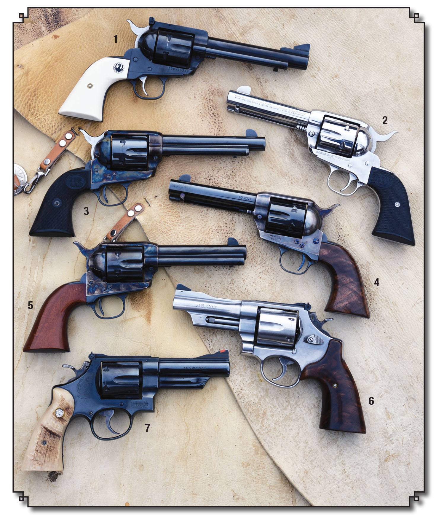 Many guns are suitable for .45 Colt +P pressures that reach 23,000 psi including: (1) Ruger New Model Blackhawk .45 Colt flattop, (2) Ruger New Vaquero, (3) USFA Pre-War, (4) Standard Manufacturing Single Action, (5) Uberti 1873 SAA, (6) Smith & Wesson Model 625 Mountain Gun and (7) Smith & Wesson Model 25-5.